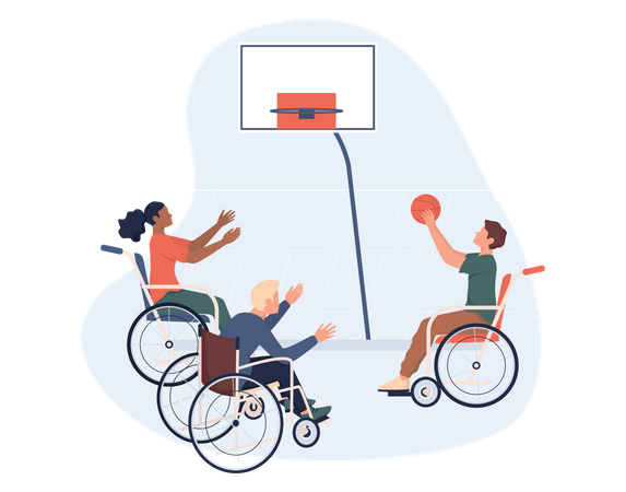 Alegres discapacitados en silla de ruedas jugando baloncesto  Ilustración