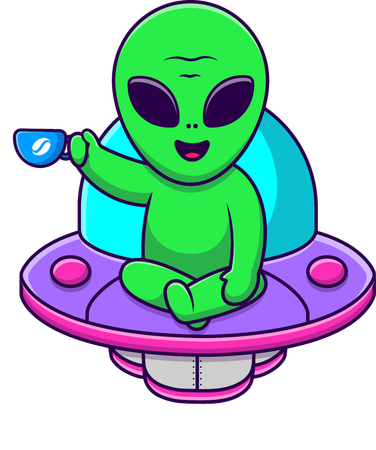 Un extraterrestre assis sur un OVNI boit une tasse de café chaud  Illustration