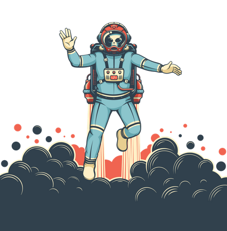 Alien astronaut with jetpack flies  Illustration