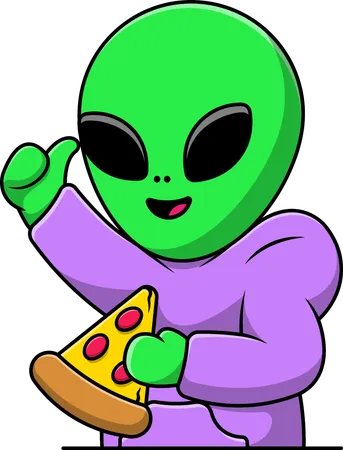 Un extraterrestre cool portant un sweat à capuche et tenant une pizza  Illustration