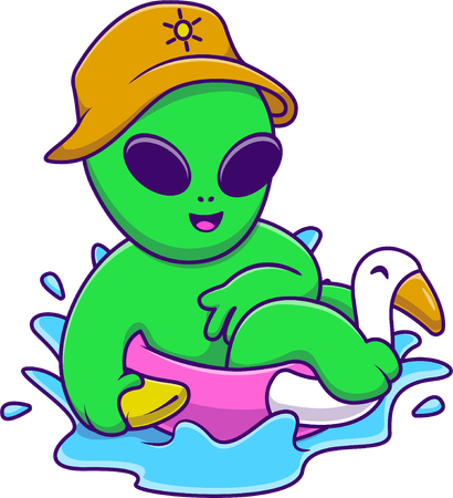 Alien Floating With Flamingo Balloon  Illustration