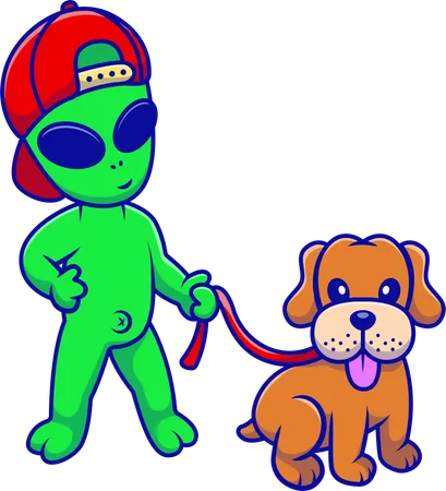 Un extraterrestre joue avec un chien  Illustration