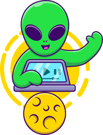 Alien Playing Laptop With Moon  Illustration