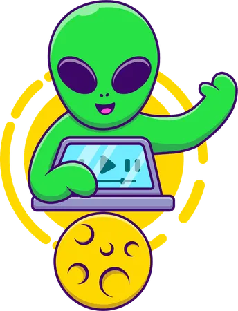 Alien Playing Laptop With Moon  Illustration