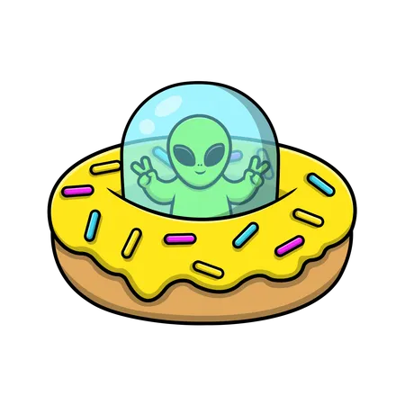 Alien Riding Doughnut Ufo With Peace Hand  Illustration