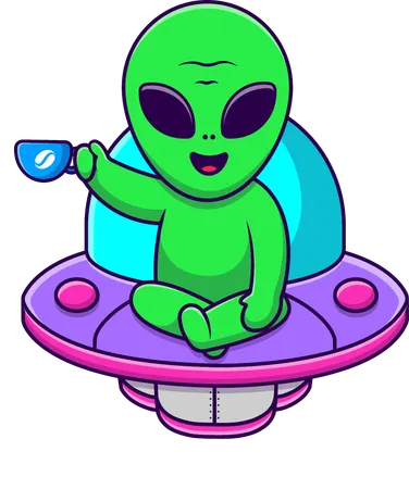 UFO に座って熱いコーヒーを飲むエイリアン  イラスト