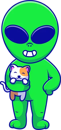 Alien Standing and Holding Cat  Illustration