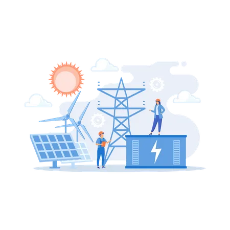 Almacenamiento de energía en baterías de una central de energía solar y eólica renovable  Ilustración