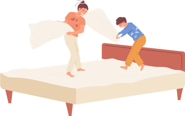 Ältere Schwester und jüngerer Bruder kämpfen im Schlafzimmer zu Hause um Kissen auf dem Bett  Illustration