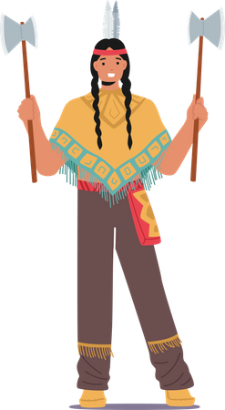 American Indigenous Warrior with Axes  イラスト