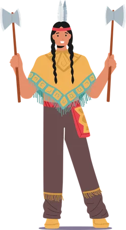 American Indigenous Warrior with Axes  イラスト