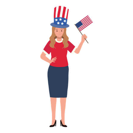 American woman holding american flag to celebrate  イラスト