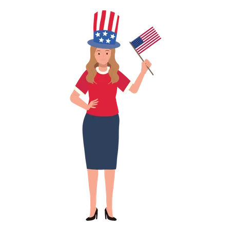 American woman holding american flag to celebrate  イラスト