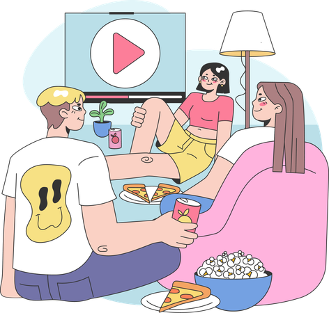 Amigos curtindo filme e pizza  Ilustração