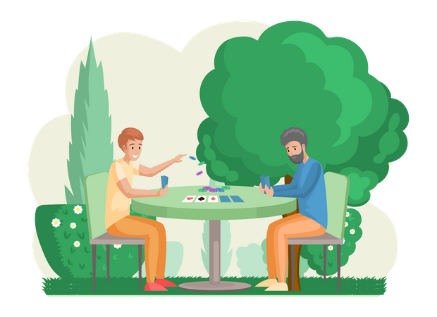 Amigos jugando juego de cartas de tablero lógico de estrategia  Ilustración