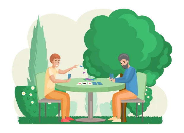 Amigos jugando juego de cartas de tablero lógico de estrategia  Ilustración