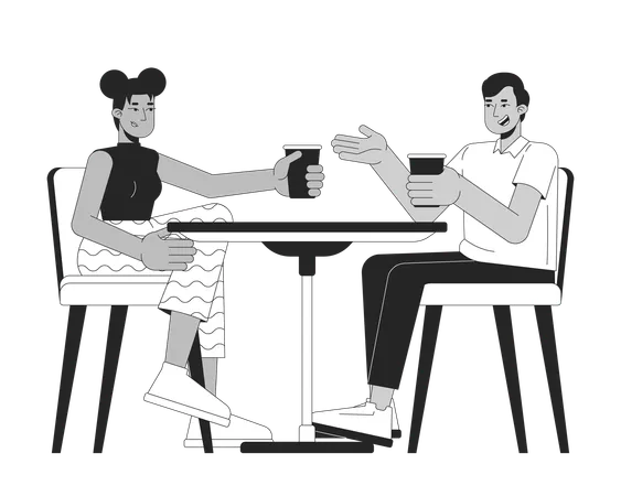 Amigos multirraciais com bebidas na mesa de café  Ilustração