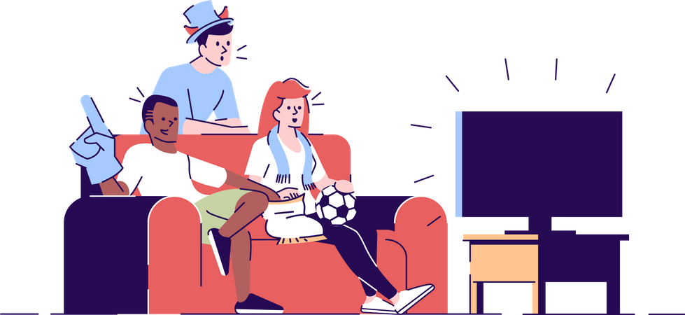 Amigos viendo un partido de fútbol en la televisión.  Ilustración