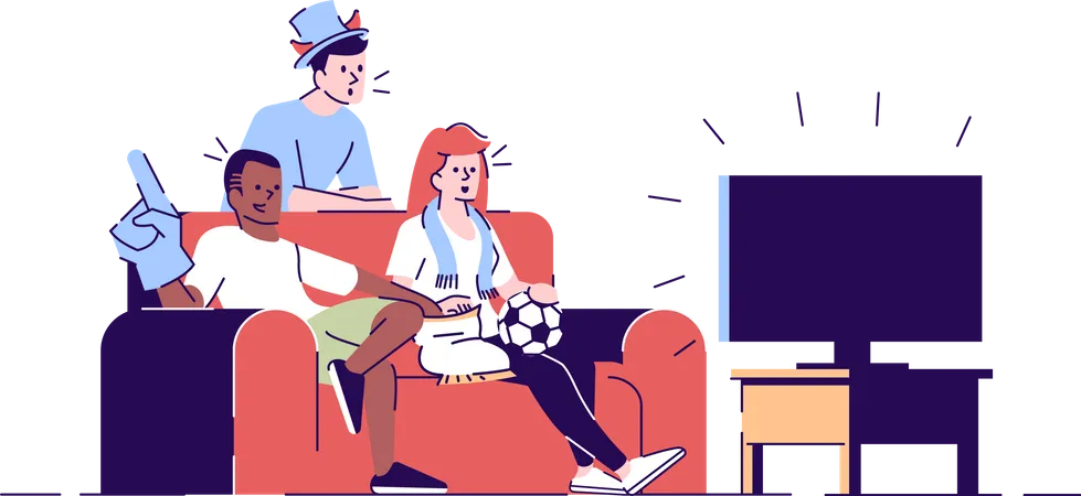 Amigos viendo un partido de fútbol en la televisión.  Ilustración