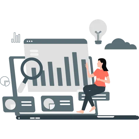 Análisis empresarial que realiza investigaciones sobre el panel de informes de monitoreo web  Ilustración