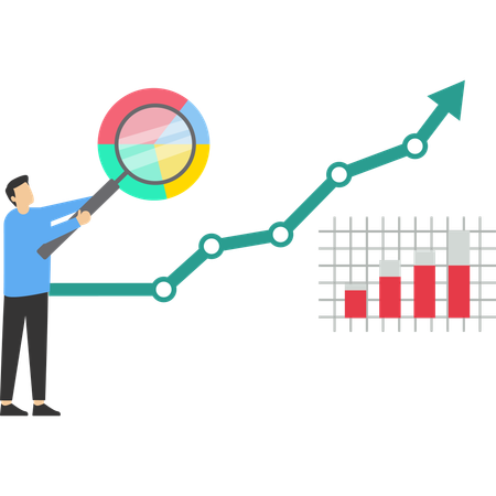 Empresario analizando datos comerciales e informes financieros.  Ilustración