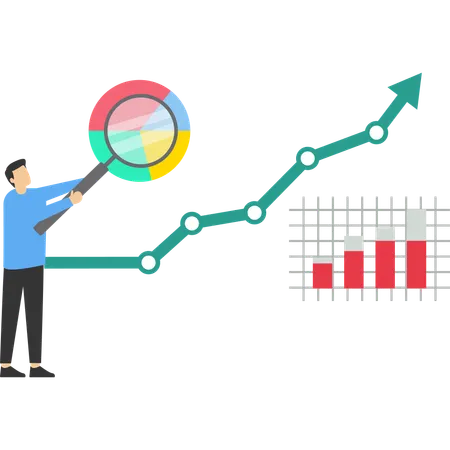 Empresario analizando datos comerciales e informes financieros.  Ilustración