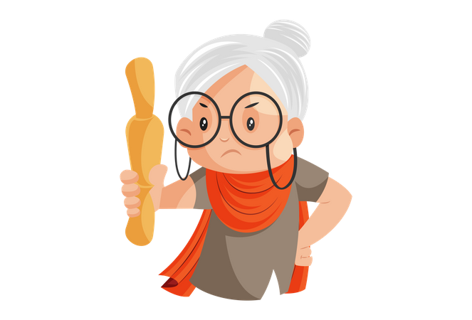 Angry Grandmother is holding a rolling pin in her hand  Illustration