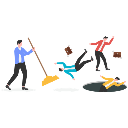 Angry managers with brooms to remove fired employee  Illustration