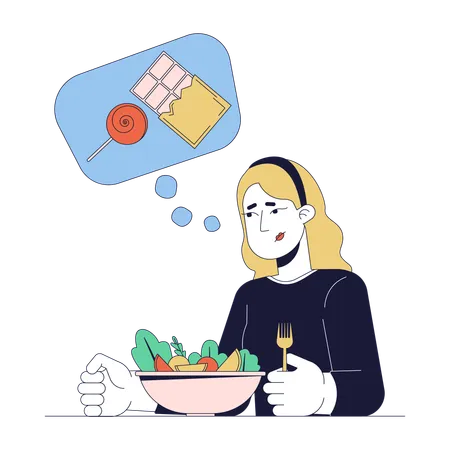 Mujer con antojos de azúcar con ensalada  Ilustración