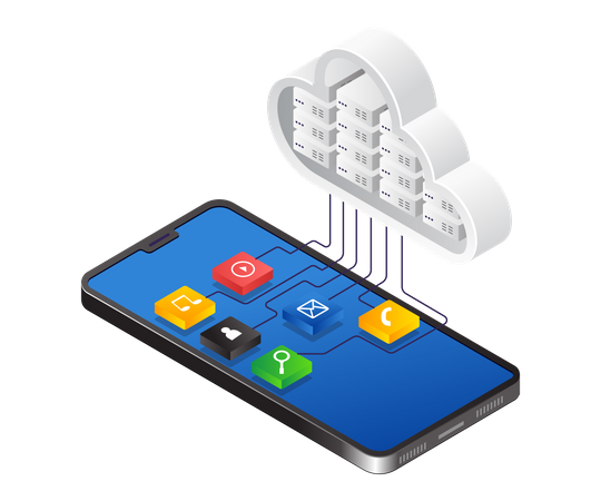 Teléfono inteligente con aplicación de datos del servidor en la nube  Ilustración