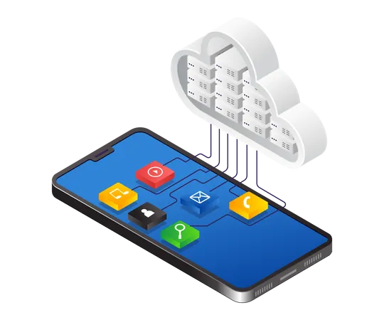 Teléfono inteligente con aplicación de datos del servidor en la nube  Ilustración