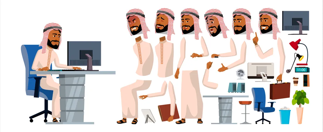 Arab Businessman Different Body Part Used In Animation  Illustration