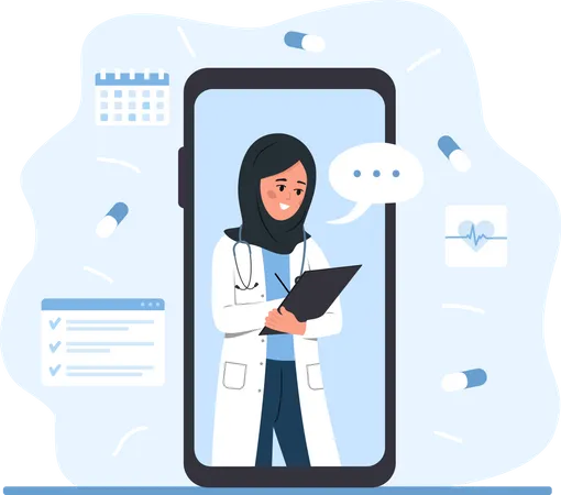 Arabian woman doctor on smartphone  일러스트레이션