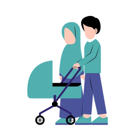 Arabic Parents With Baby Stroller  Illustration