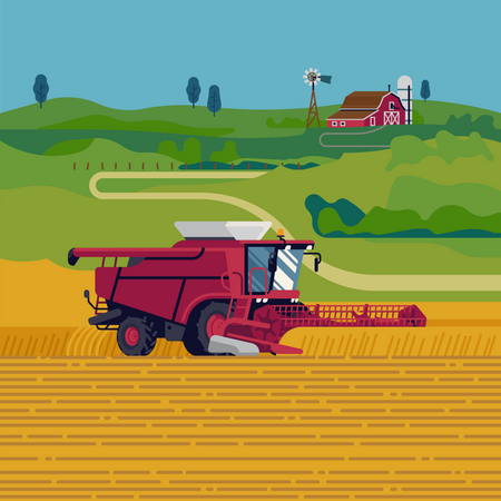 Arable field scenery with heavy machinery, red barn and green fields on background  Illustration