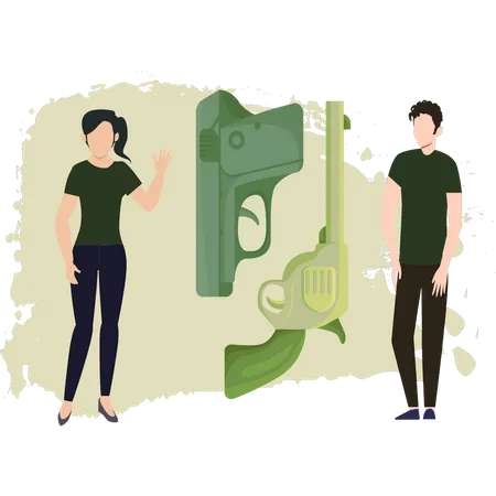 Army Man And Woman Looking At Gun  Illustration