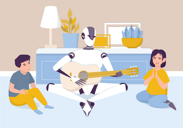 Artificial intelligence robot playing guitar for kids  Illustration