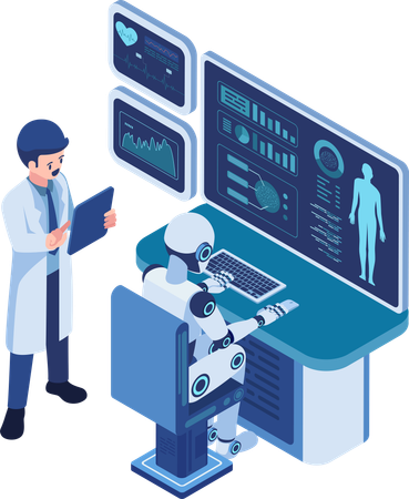 Arzt analysiert Patientengesundheitsdaten mit KI-Roboter  Illustration