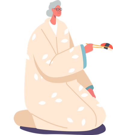 Asian Aged Woman Eat Sushi with Chopsticks Sitting on Floor  Illustration