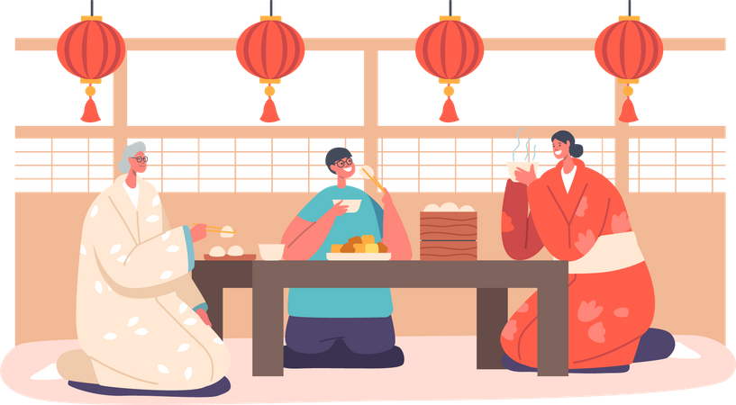 Asian Family and Kid Have Dinner at Home  Illustration