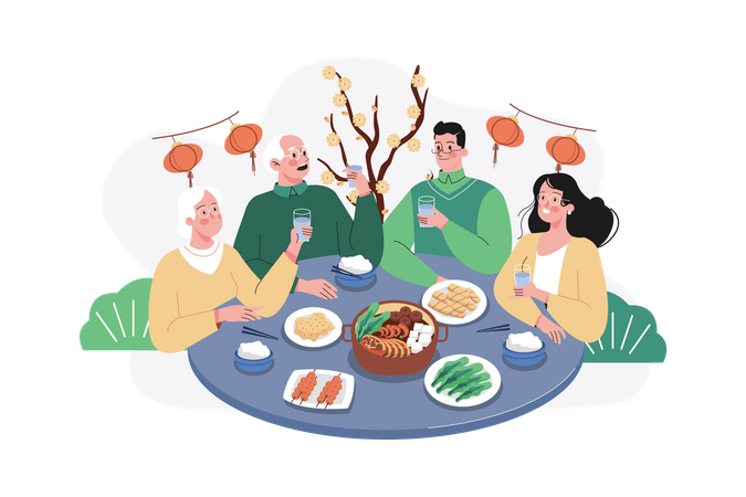 Asian Family gathering together for Chinese new year dinner  Illustration