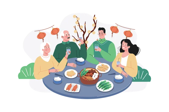 Asian Family gathering together for Chinese new year dinner  Illustration