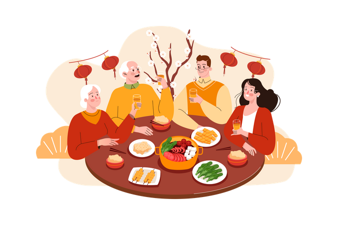 Asian Family gathering together for Chinese new year dinner  Illustration