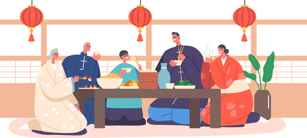 Asian Family Having Dinner at Home  Illustration