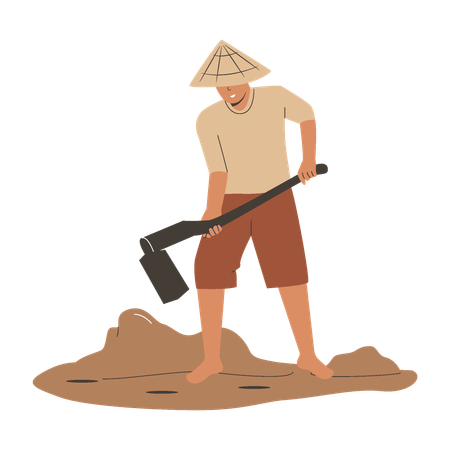 Asian farmer hoeing soil before planting rice  Illustration