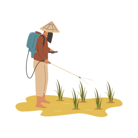 Asian farmer sprays pest control liquid  Illustration