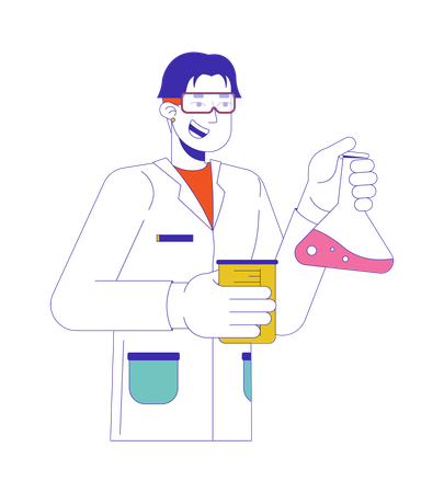 Asian male scientist holding flasks in lab  Illustration