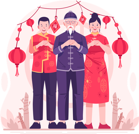 Asian People Wearing Traditional Chinese Clothes Perform Fist and Palm Salute Gestures to Wish a Happy Chinese New Year  Illustration