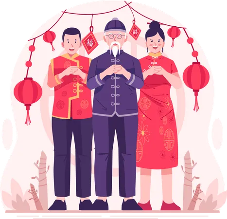 Asian People Wearing Traditional Chinese Clothes Perform Fist and Palm Salute Gestures to Wish a Happy Chinese New Year  Illustration