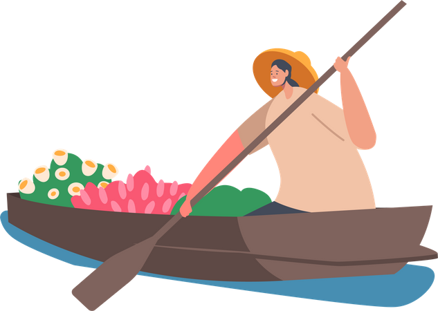 Asian Woman Seller Wear Straw Hat Sell Fruits and Flowers on Wooden Boat  イラスト